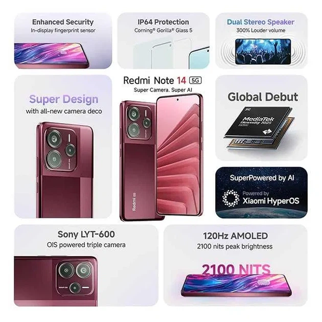Смартфон 6.67 Xiaomi Redmi Note 14 5G 8/128Гб бордовый Global с блоком питания - изображение 5