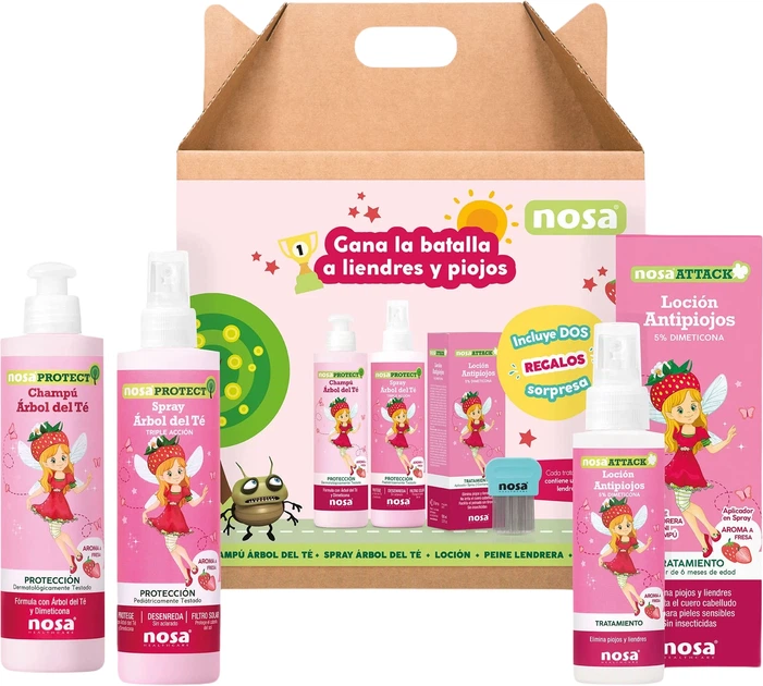 Zestaw przeciw wszawicy Nosa Attack o zapachu truskawkowym Lotion 100 ml + Szampon 250 ml + Spray 250 ml + Grzebień (8436536894486) - Zdjęcie 1 Zestaw przeciw wszawicy Nosa Attack o zapachu truskawkowym Lotion 100 ml + Szampon 250 ml + Spray 250 ml + Grzebień (8436536894486) - obraz 1