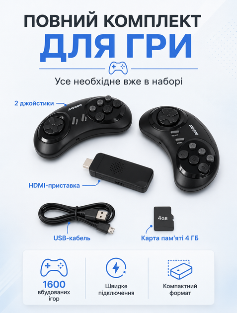 Портативная игровая приставка для телевизора через HDMI с 1600 играми и 2 беспроводными джойстиками до 30 часов - изображение 2