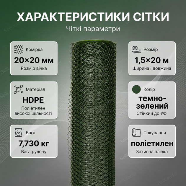 Сітка пластикова AgroStar 1,5х20м для огорожі грядок саду дачі комірка 20х20мм екструдована зелена - зображення 5