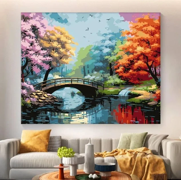 Картина по номерам "Пейзаж с кленовыми деревьями и мостом" 40×50 см - изображение 2