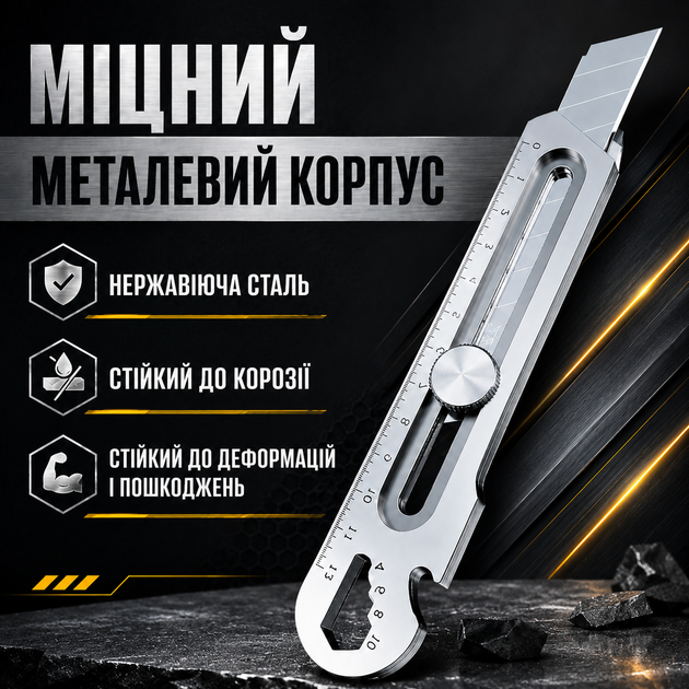 Металевий багатофункціональний канцелярський ніж з нержавіючої сталі зі змінним лезом і лінійкою - Фото 3 Металевий багатофункціональний канцелярський ніж з нержавіючої сталі зі змінним лезом і лінійкою - зображення 3