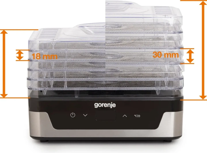 Сушилка для продуктов Gorenje, мощность 230 Вт, 5 поддонов по 28 см, диаметр 29 см, максимальная температура 75°C, электронное управление, белый цвет - изображение 9