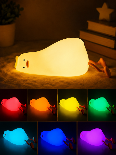 Ночник силиконовый Уставшая утка RGB, 7 цветов подсветки, тёплый свет, аккумулятор 1200 mAh, ночник «Лежащая утка» с подставкой для телефона, детский LED-светильник, USB Type-C - изображение 4