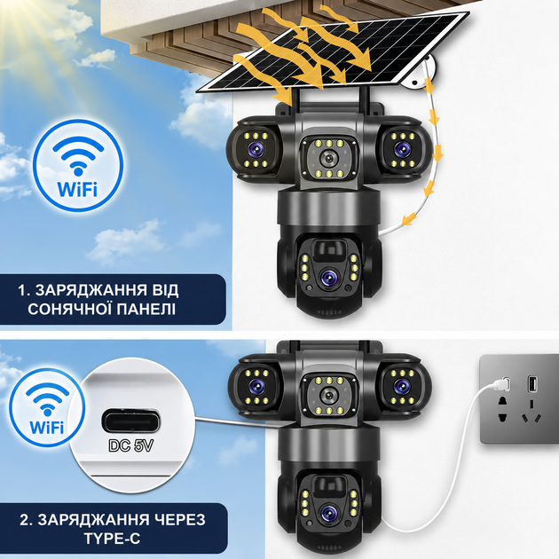 Автономна Wifi камера відеоспостереження на сонячній батареї з акумулятором V380 Pro 12Мп потрійна - зображення 3