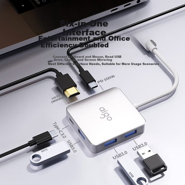 Док-станція розширення Aigo Type-C, USB-хаб, адаптер HDMI, конвертер 4K 60Hz, док-станція розширення для ноутбука PD 100W USB JZ06-H (металева) - изображение 4
