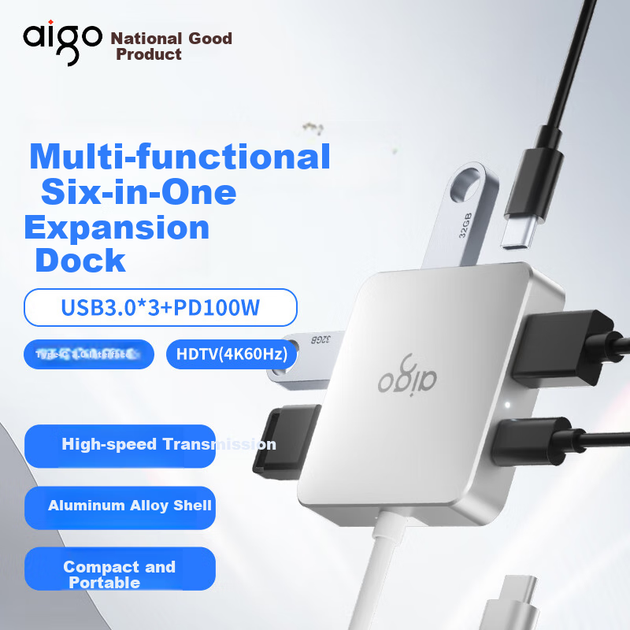 Док-станція розширення Aigo Type-C, USB-хаб, адаптер HDMI, конвертер 4K 60Hz, док-станція розширення для ноутбука PD 100W USB JZ06-H (металева) - изображение 6
