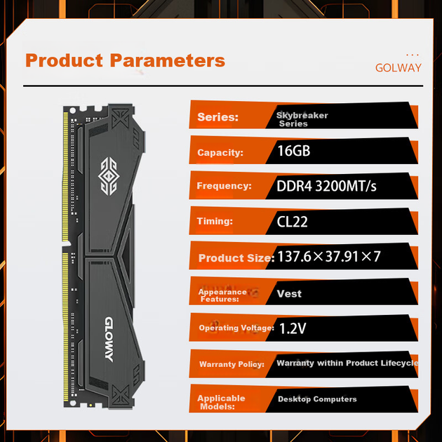 Модуль пам'яті Gloway 16 ГБ DDR4 3200 для настільних ПК, планка оперативної пам'яті Tiansha, преміум-чіпи, CL22, колір Gunmetal Gray, модуль Intel-Specific, оновлення аксесуарів для комп'ютерів зі штучним інтелектом - изображение 5
