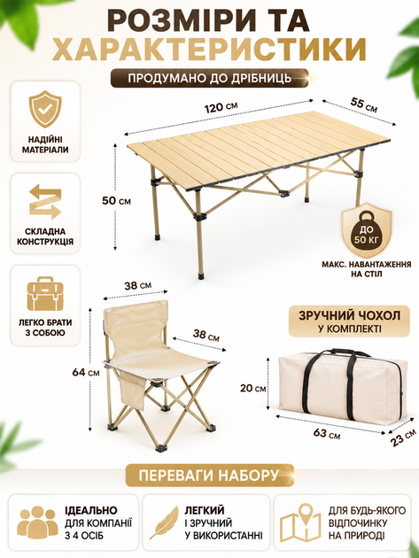 Набор складной туристической мебели стол 120×55×50 см с 4 складными стульями 38×38×64 см бежевый для пикника кемпинга рыбалки с чехлом (49675943) - изображение 3
