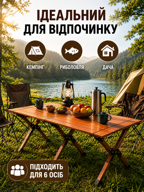 Стол туристический складной 149,5×70×43 см коричневый кемпинговый для пикника рыбалки дачи с чехлом (49675946) - изображение 4