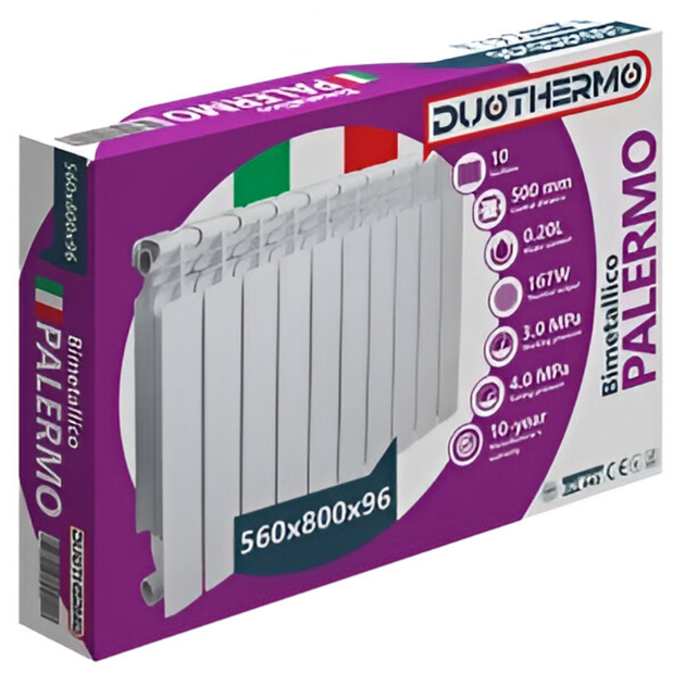 Биметаллический радиатор DUOTHERMO PALERMO 500/96 боковое подключение, белый (10 секций в сборе) (DPB50096) - изображение 2