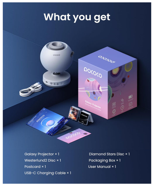 POCOCO Galaxy Star Projector Проектор звездного неба с оптическими дисками, домашний планетарий LED ночник - изображение 3