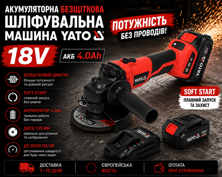 Аккумуляторная бесщеточная шлифовальная машина YATO 18V 4Ah 125 мм - изображение 8