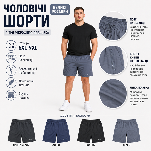 Мужские шорты Fore из микрофибры с карманами на молниях и поясом на резинке,Серый, 6XL - Фото 6 Мужские шорты Fore из микрофибры с карманами на молниях и поясом на резинке,Серый, 6XL - изображение 6