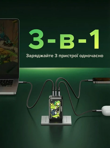 Зарядний пристрій Ugreen GaN 65 Вт високошвидкісний з 3 портами 2xUSB-C 1xUSB-A Genshin Impact Black (CD244) - зображення 4
