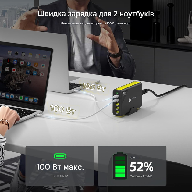 Зарядний пристрій HUNDA 300 Вт USB C GaN, настільна зарядна станція, 5 портів, швидкий адаптер живлення PD 100 Вт - изображение 2
