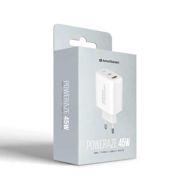 Мережевий зарядний пристрій ArmorStandart Poweraze 45W GaN Type-C + USB-A White (ARM90431) - Фото 9 Мережевий зарядний пристрій ArmorStandart Poweraze 45W GaN Type-C + USB-A White (ARM90431) - зображення 9