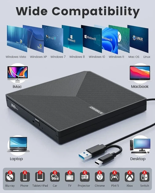 Внешний оптический привод ORIGBELIE BT668 External CD/DVD RW Drive & HDD Device, USB 3.0 Type-C для ноутбука и ПК, - Б/У - изображение 2