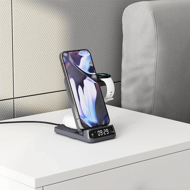 Беспроводная зарядная станция 3 в 1 SwanScout 708S для iPhone, Apple Watch и AirPods со встроенными часами и LED - Б/У - Фото 4 Беспроводная зарядная станция 3 в 1 SwanScout 708S для iPhone, Apple Watch и AirPods со встроенными часами и LED - Б/У - изображение 4