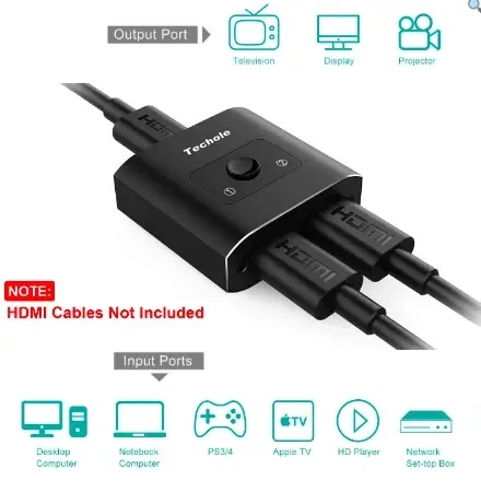 Двонаправлений HDMI перемикач Techole HS305 Bi-Direction Switch алюмінієвий спліттер розгалужувач 2 в 1 - Б/В - зображення 2