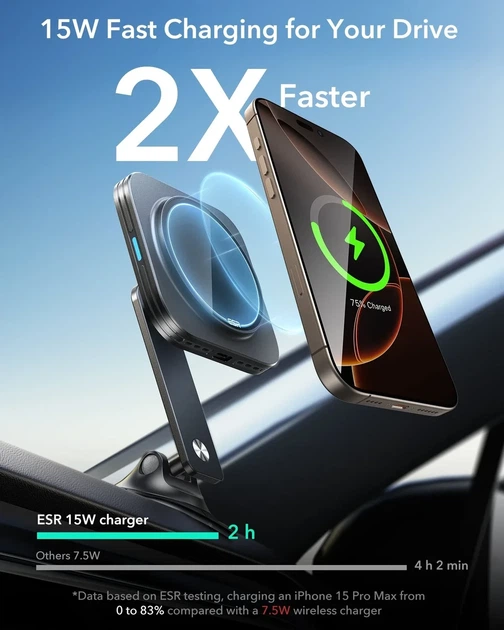 Автомобильный держатель с беспроводной зарядкой ESR Qi2 Wireless Dashboard Charger (HaloLock) 15W, магнитное для iPhone - Б/У - изображение 4