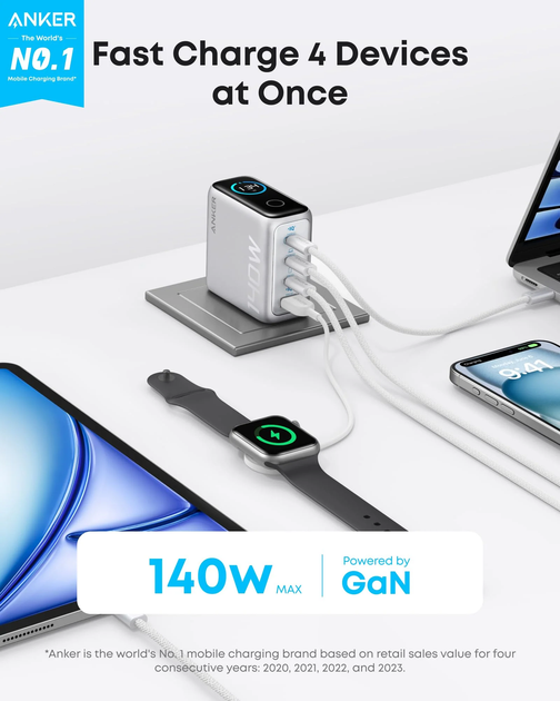 Зарядное устройство Anker 140W Laptop GaN Charger 3xUSB-C PD3.1 1xUSB-A Silver - Фото 2 Зарядное устройство Anker 140W Laptop GaN Charger 3xUSB-C PD3.1 1xUSB-A Silver - изображение 2
