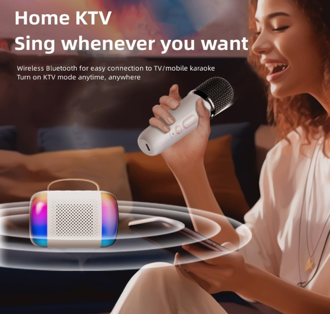 Портативная Bluetooth колонка K5 с подсветкой и беспроводным микрофоном караоке - Фото 3 Портативная Bluetooth колонка K5 с подсветкой и беспроводным микрофоном караоке - изображение 3
