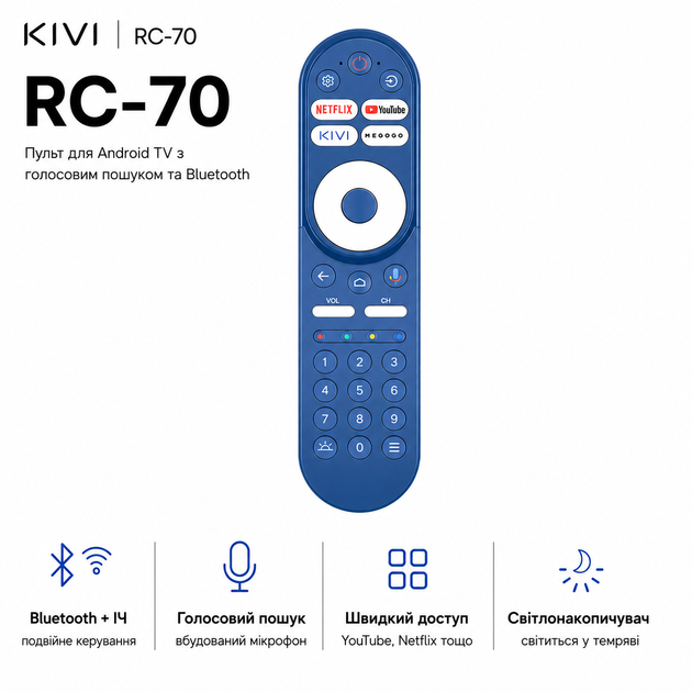 Пульт инфракрасный для Android TV с голосовым поиском KIVI RC-70 Bluetooth 2xААА Blue (N504Q3271105) - изображение 2