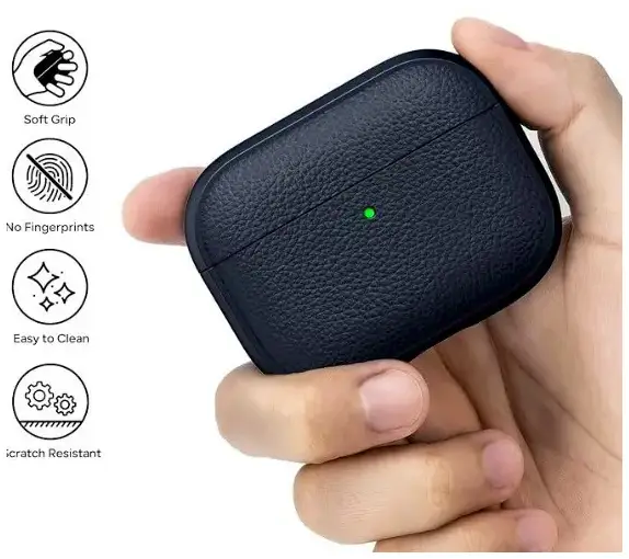 Чехол кожаный защитный для AirPods 4 с кольцом переноска синий - изображение 4