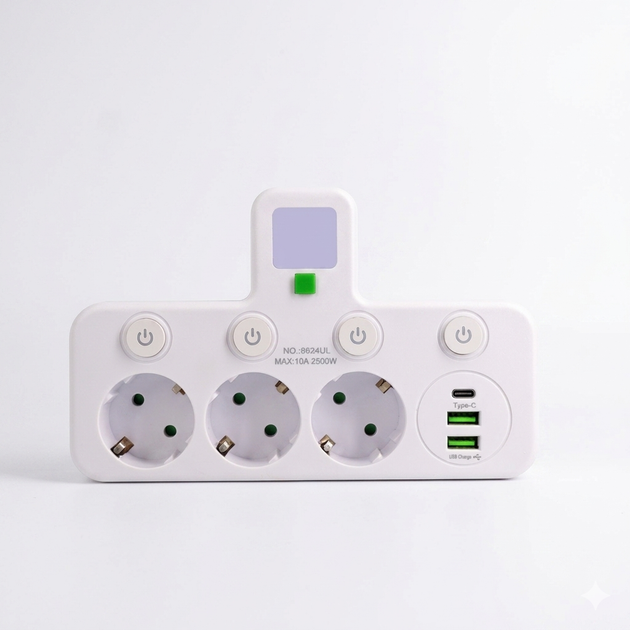 Сетевой разветвитель с ночником, 3 розетки, USB и Type-C, белый - Фото 1 Сетевой разветвитель с ночником, 3 розетки, USB и Type-C, белый - изображение 1