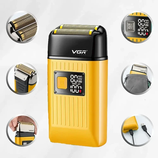 Электробритва шейвер VGR V-357 с USB и LED дисплеем, Желтая / Аккумуляторная беспроводная мужская бритва - изображение 3