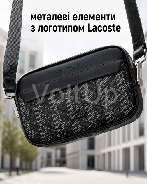 Мужская черная сумка Lacoste Monogram для ежедневной носки компактная через плечо с регулируемым ремнем - изображение 5