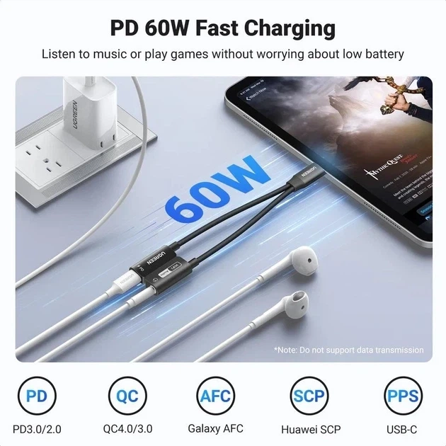 Адаптер UGREEN USB Type-C → 3.5 мм AUX+зарядка PD 60W с DAC аудио-чипом, переходник для наушников и зарядки, звуковая карта 2 в 1 - Фото 3 Адаптер UGREEN USB Type-C → 3.5 мм AUX+зарядка PD 60W с DAC аудио-чипом, переходник для наушников и зарядки, звуковая карта 2 в 1 - изображение 3