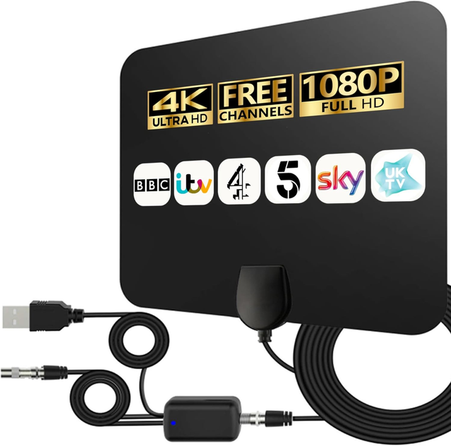 Цифровая комнатная антенна Merrian 4K HD TV с усилителем сигнала, радиус приема 360 градусов, коаксиальный кабель 5м, Black - изображение 2
