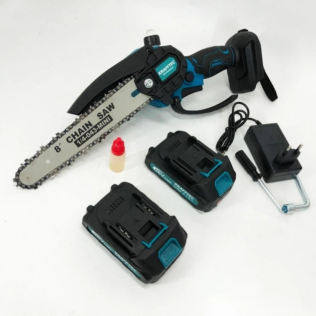Аккумуляторная мини цепная пила Krafftec 36V 4Ah с двумя аккумуляторами бесщеточным двигателем двумя шинами 15 см тремя цепями автоматической смазкой - изображение 4