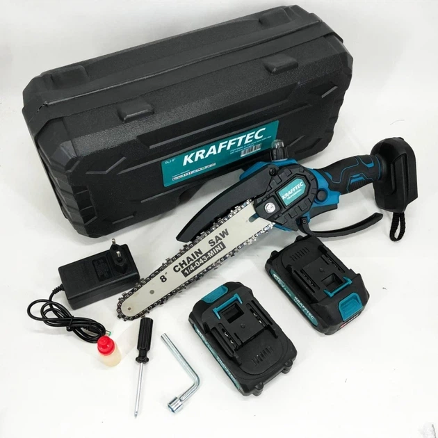 Аккумуляторная мини цепная пила Krafftec 36V 4Ah с двумя аккумуляторами бесщеточным двигателем двумя шинами 15 см тремя цепями автоматической смазкой - изображение 12
