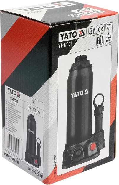 Домкрат гидравлический бутылочный YATO 3 т высота подъема 194-374 мм YT-17001 - Фото 3 Домкрат гидравлический бутылочный YATO 3 т высота подъема 194-374 мм YT-17001 - изображение 3