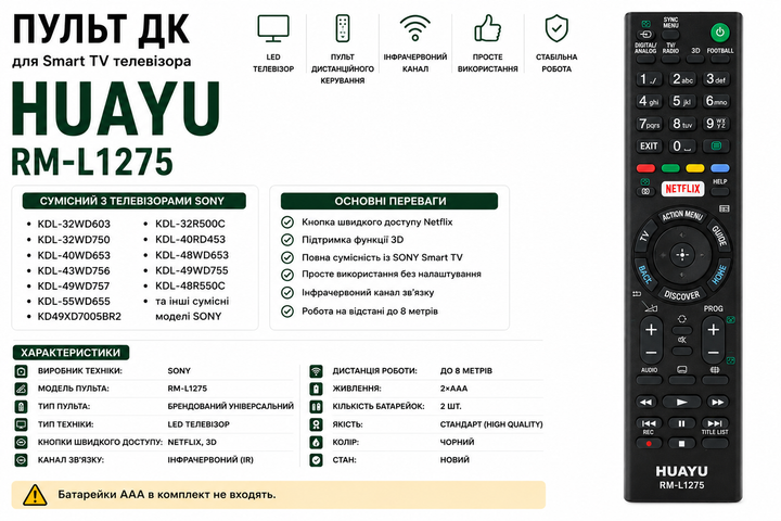 Універсальний пульт дистанційного керування HUAYU RM-L1275 для телевізорів SONY - изображение 2