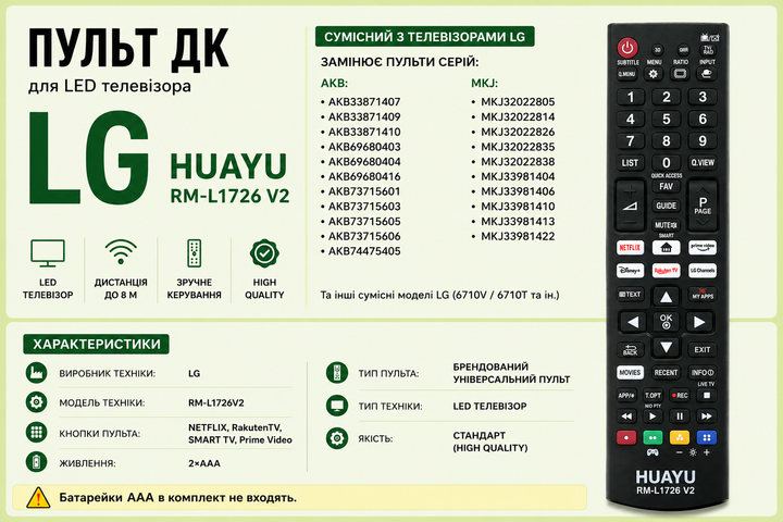 Універсальний пульт дистанційного керування HUAYU RM-L1726V2 для телевізорів LG - изображение 2