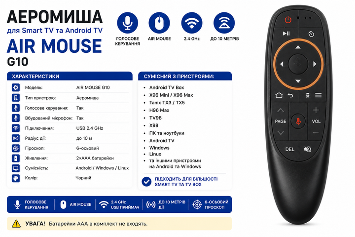 Пульт аеромиш AIR MOUSE G10 2,4G з функцією керування голосом і гіроскопом - Фото 2 Пульт аеромиш AIR MOUSE G10 2,4G з функцією керування голосом і гіроскопом - изображение 2
