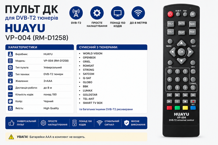 Універсальний пульт дистанційного керування HUAYU VP-004 (RM-D1258) для DVB-T2 тюнерів - изображение 2
