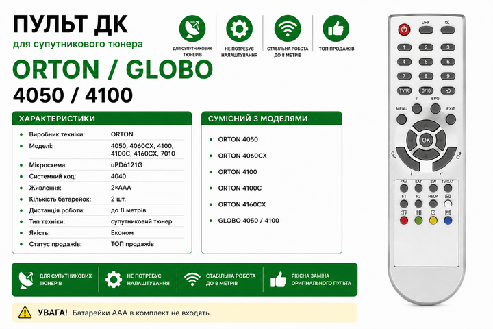 Пульт дистанционного управления для эфирного DVB-S тюнера ORTON (GLOBO) 4100C, 4050C, 4060CX - изображение 2
