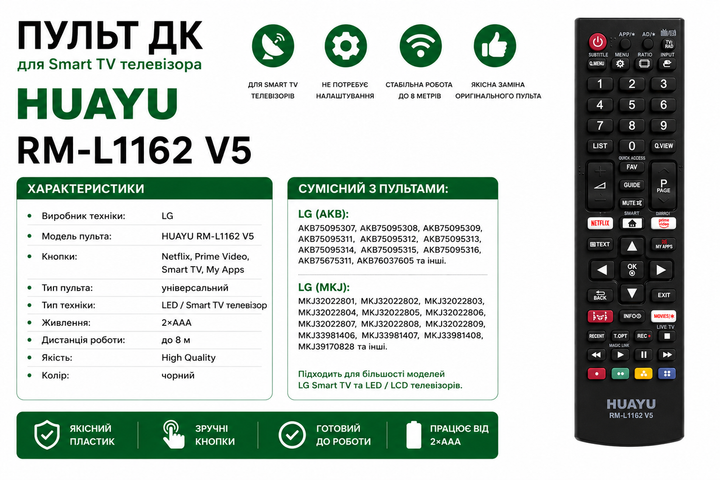Универсальный пульт дистанционного управления HUAYU RM-L1162 для телевизоров LG - изображение 2