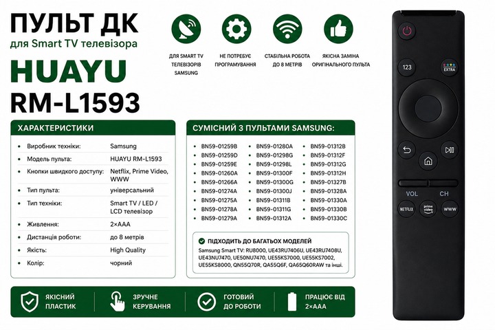 Універсальний пульт дистанційного керування HUAYU RM-L1593 для телевізорів SAMSUNG - изображение 2