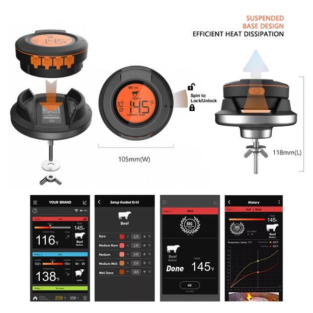 Беспроводной Bluetooth термометр для гриля и мяса Kamado BONO (GRILLI 555501) с LCD-экраном и 2 щупами - Фото 5 Беспроводной Bluetooth термометр для гриля и мяса Kamado BONO (GRILLI 555501) с LCD-экраном и 2 щупами - изображение 5