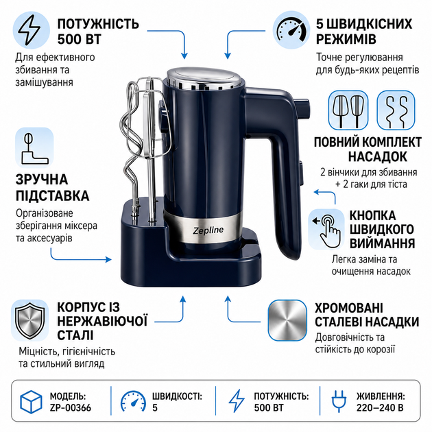 Ручной миксер Z.e.p line ZP-00366 500 Вт с 5 скоростями, насадками для взбивания и замешивания теста и подставкой - изображение 2
