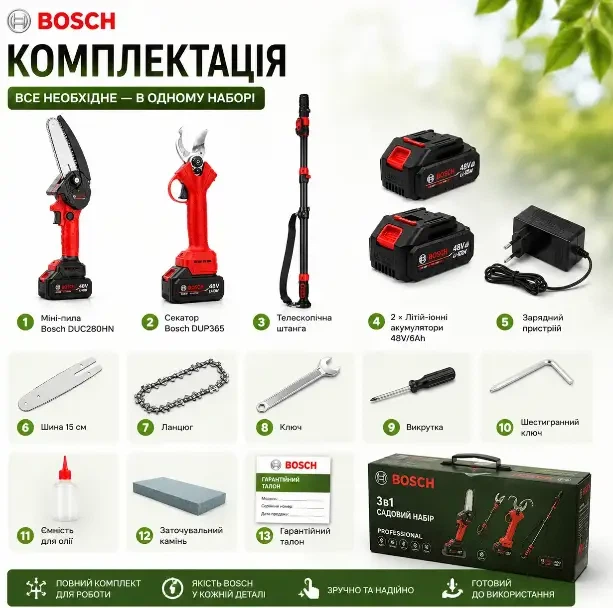Универсальный аккумуляторный садовый набор Bosch 3в1 с двумя АКБ - изображение 4