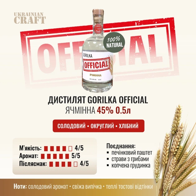 Дистиллят Gorilka Official премиальный Ячменный 0.5 л 45% (4820269290525) - изображение 2