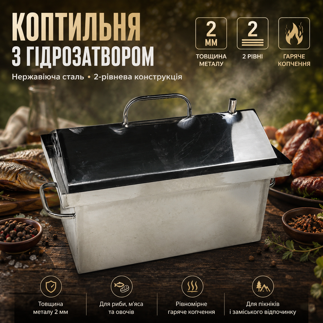 Коптильня горячего копчения из нержавеющей стали 2 мм с гидрозатвором 45х25х27 см - Фото 1 Коптильня горячего копчения из нержавеющей стали 2 мм с гидрозатвором 45х25х27 см - изображение 1