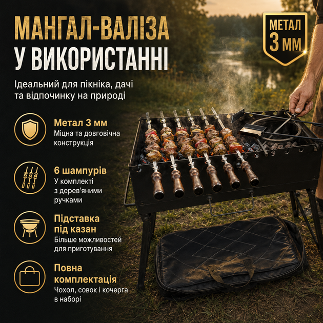 Мангал-чемодан 3 мм с 6 шампурами, подставкой под казан, чехлом, кочергой и совком 60×30×47 см - Фото 4 Мангал-чемодан 3 мм с 6 шампурами, подставкой под казан, чехлом, кочергой и совком 60×30×47 см - изображение 4